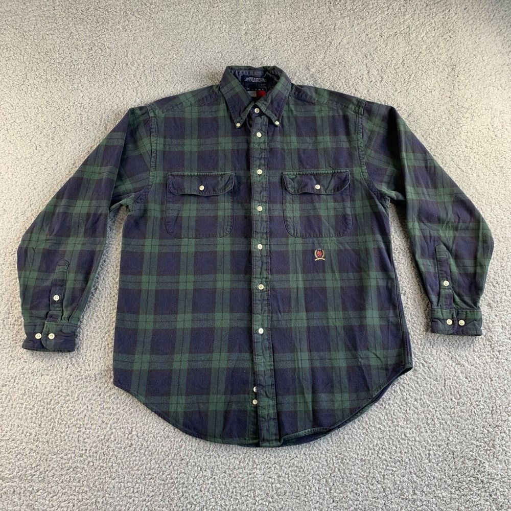 Tommy Hilfiger Shirt Mens Medium Blue Green Flannel Tartan Plaid Button Down